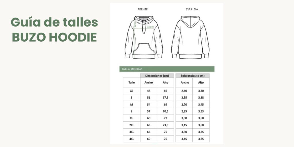 Guia de talles buzo modelo hoodie recuelife