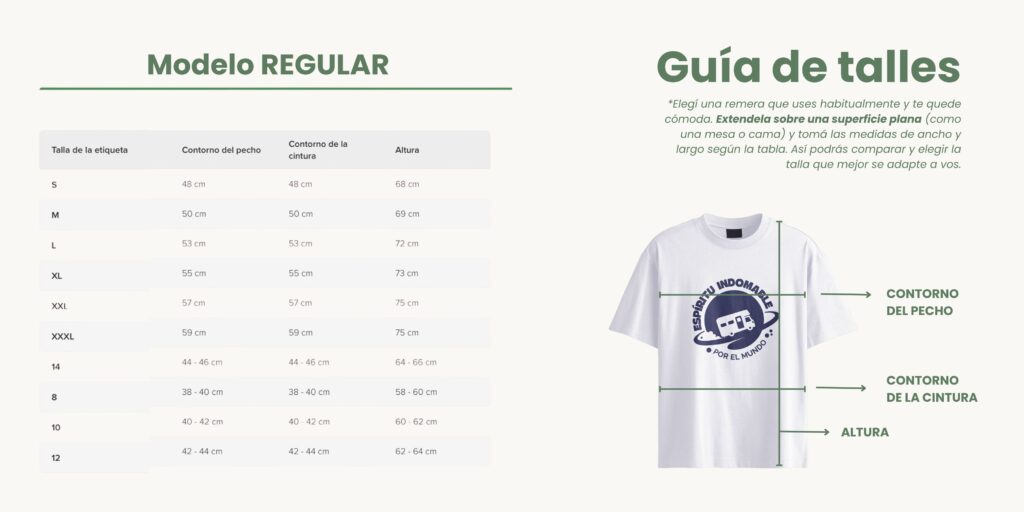 Guia de talles del modelo regular recuelife