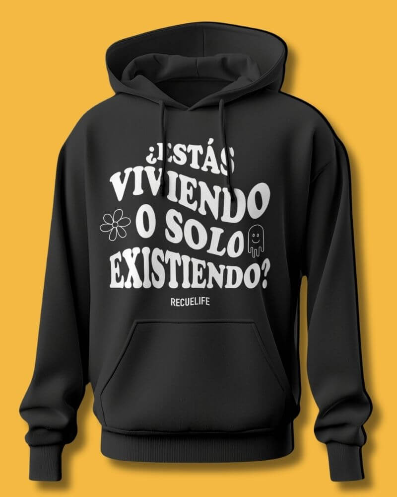 Buzo hoodie viviendo o existiendo blanco marca recuelife
